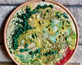 Abstract Hand Embroidered Hoop Art, Green Raised Embroidery