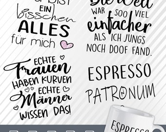 May include: Black and white text on a white background with a pink heart. The text reads "Du bist ein bisschen ALLES für mich" and "ECHTE Frauen HABEN KURVEN ECHTE Männer WISSEN DAS!"  The text on the right side of the image reads "Die Welt war SO VIEL einfacher ALS ICH JUNGS NOCH DOOF FAND. ESPRESSO PATRONUM".