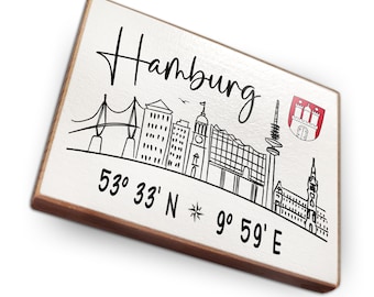 Imán para nevera de madera de haya - Hamburgo - con coordenadas, horizonte y escudo