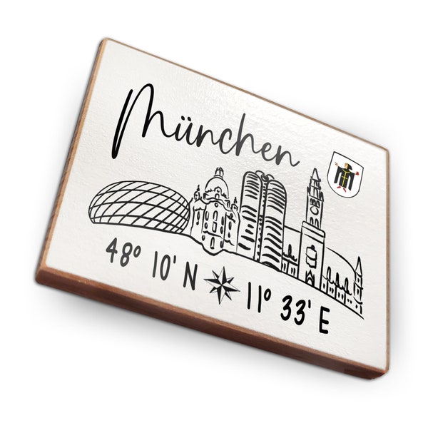 Kühlschrankmagnet aus Buchenholz - München mit Skyline, Koordinaten und Wappen