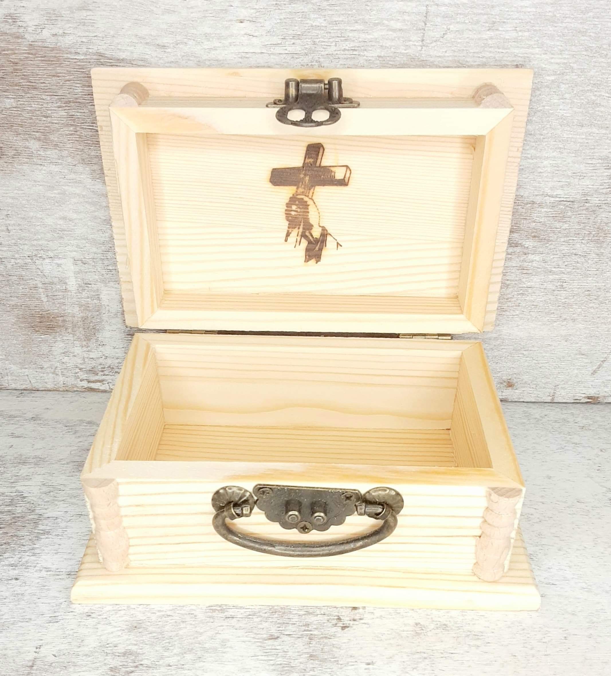 Jesus Cross Religious wooden jewelry box wood burned by hand. Etsy