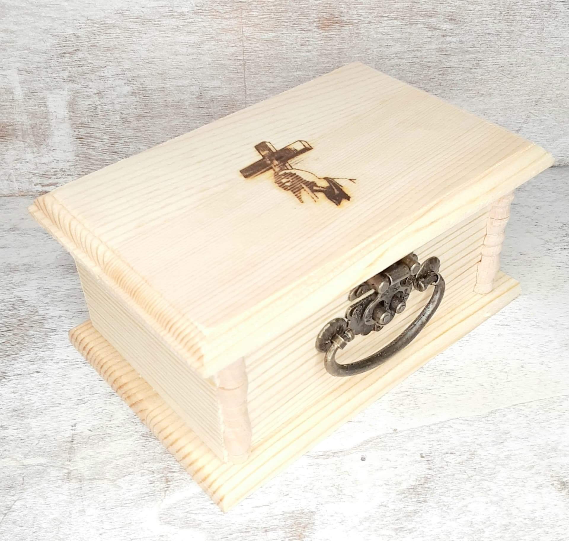 Jesus Cross Religious wooden jewelry box wood burned by hand. Etsy