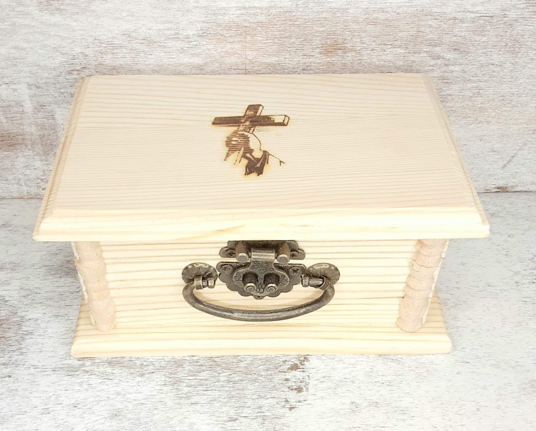 Jesus Cross Religious wooden jewelry box wood burned by hand. Etsy