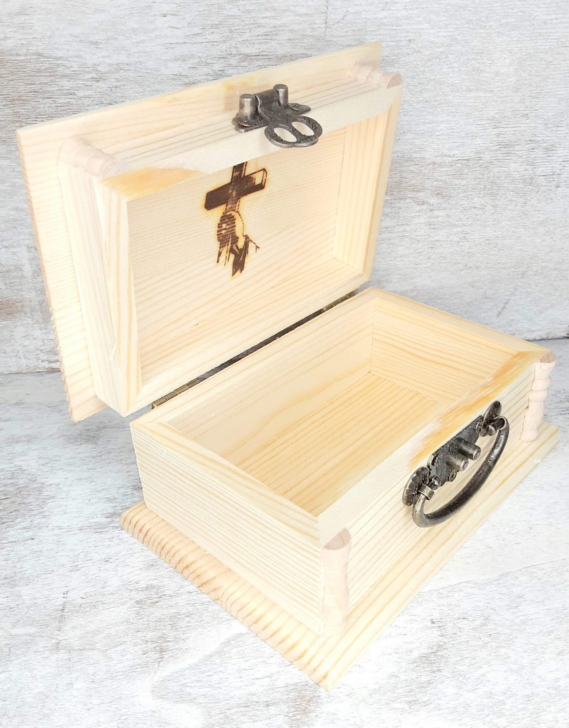 Jesus Cross Religious wooden jewelry box wood burned by hand. Etsy