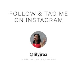 May include: A woman smiles and makes a peace sign in a red top. Follow her on Instagram @lilyjraz.  MUNI-MUNI ART on etsy.