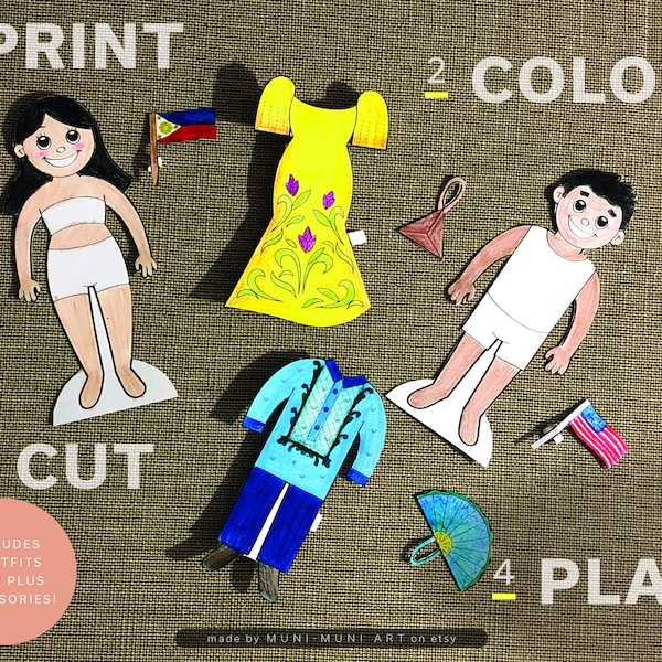 Printable Paper Doll Set Filipino, Coloring Pages, Philippine National Costume, Boy and Girl paper dolls