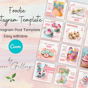 Foodie Instagram Post Template | Instagram Feed Templates Pink | Instagram Puzzle Template Canva