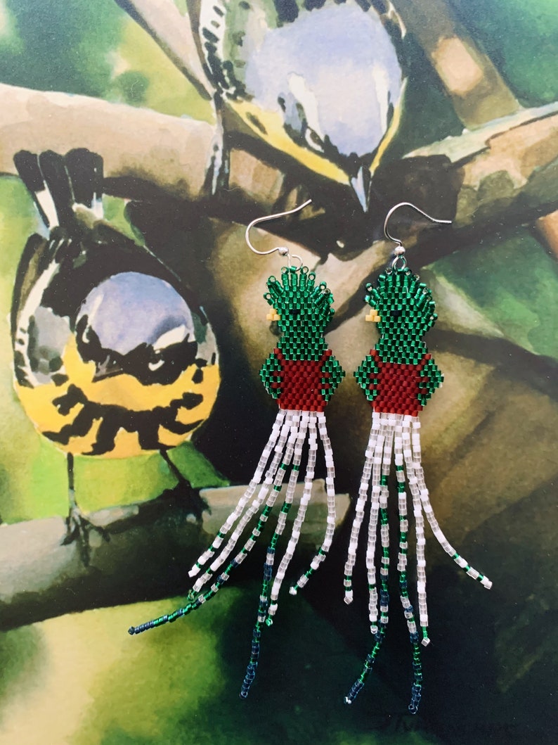 Beaded Bird Quetzal Fringe Earrings Etsy