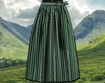 Dirndl apron, 96 cm long. Green pleated apron with striped pattern, combinable with modern & classic dirndls.