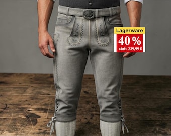 Kniebund Lederhose Herren grau Lagerware stark reduziert Wildbockleder in Hirschoptik, traditionelle Stickerei & Gürtel Oktoberfest