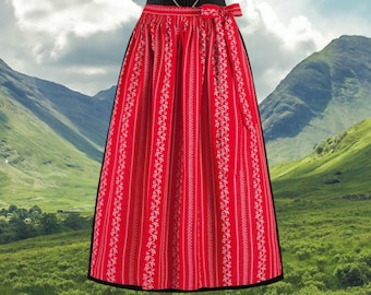 Red gathered dirndl apron, 96 cm – cotton apron with striped pattern, Oktoberfest accessory, Austrian Bavarian traditional costume, for long dirndls