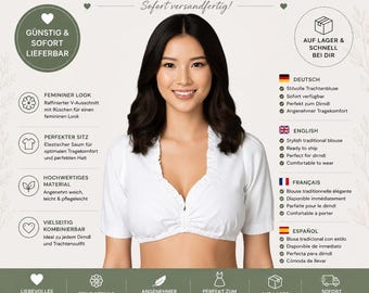 Puede incluir: Una blusa blanca de manga corta con un escote en V profundo con ribete de volantes y un dobladillo elástico. La prenda se presenta con varias etiquetas de texto en alemán, inglés, francés y español que detallan sus características y disponibilidad.