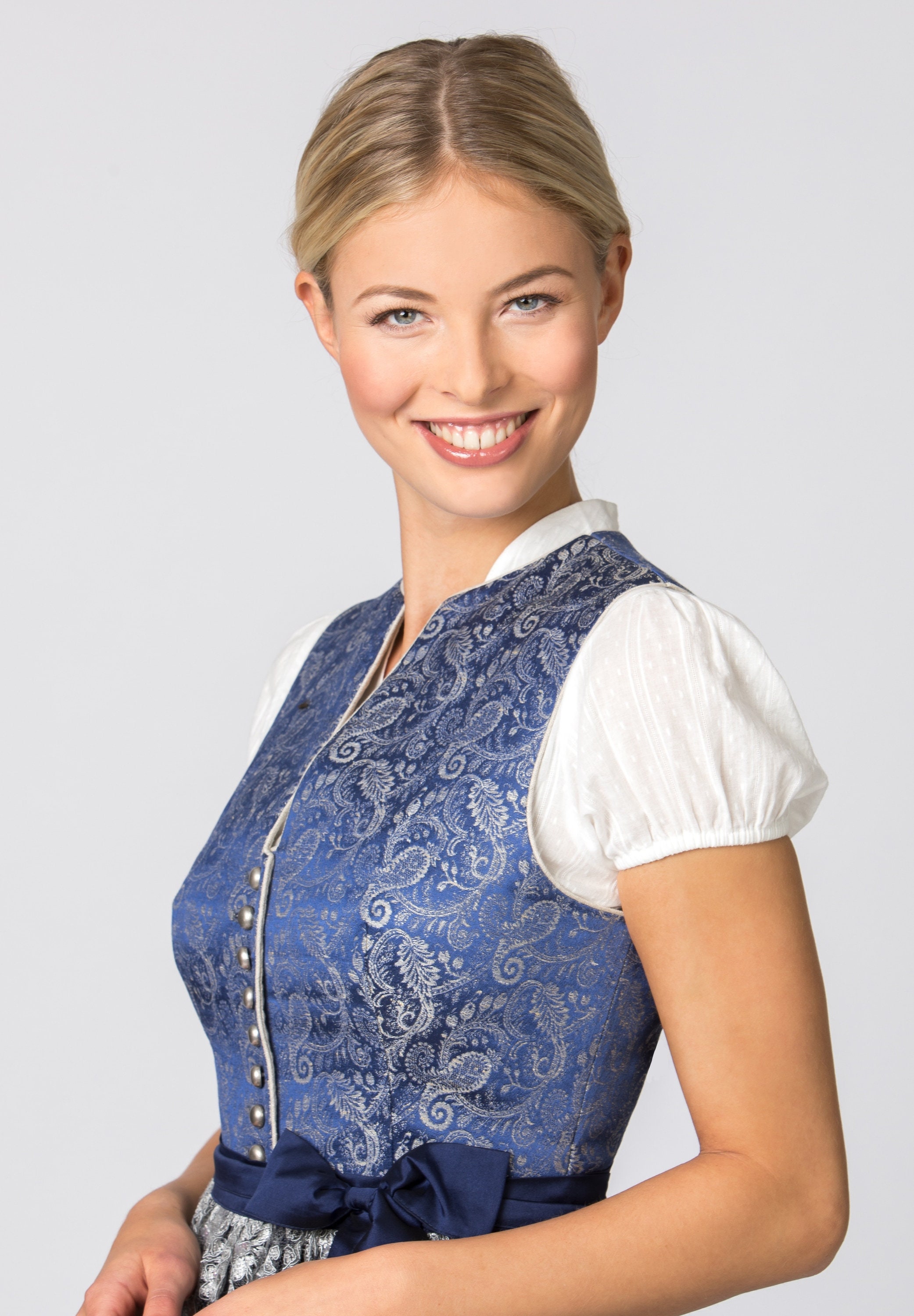Famzuneu Dirndl Damen Blau - Midi Trachtenkleid Für Oktoberfest & Feste