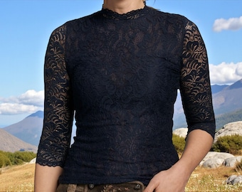 Trachtenbluse dunkel Blau – Elegante Spitzenbluse mit Stehkragen & 3/4-Arm | Feminine Dirndlbluse von Trachtenhans