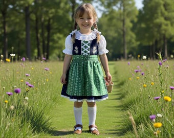 Dirndl per bambini, set da 3 pezzi, blu e verde chiaro, abito Dirndl con camicetta e grembiule, cotone | Abito tradizionale da bambina, Dirndl festivo dell'Oktoberfest
