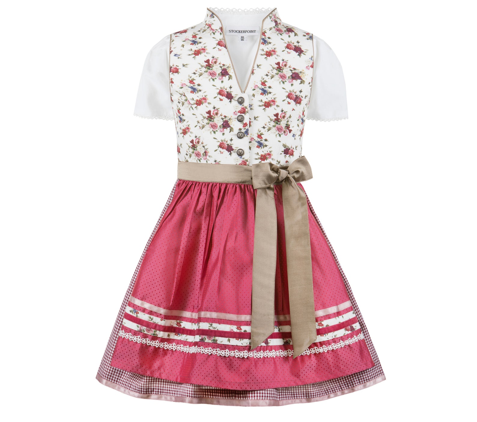 Children Dirndl Lisa cream-fuchsia with apron and blouse f3 piece for girls, traditional Austrian - Bavarian Dirndl Set