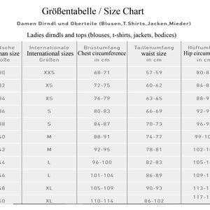 May include: Size chart for women's clothing, showing German and international sizes, with measurements in inches for bust, waist, and hip circumference.