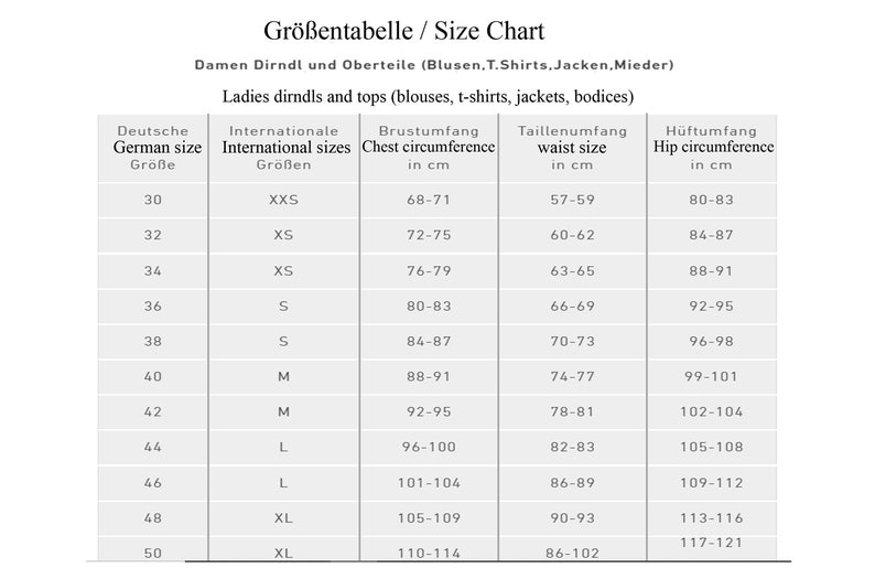 May include: Size chart for women's clothing, showing German and international sizes, with measurements in inches for bust, waist, and hip circumference.