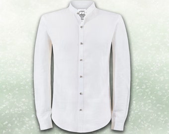 Men's white shirt with stand-up collar 100% linen quality personalized - by Trachtenhans - Where tradition meets timeless design