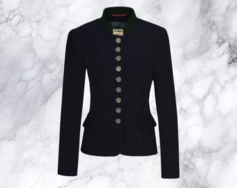 May include: A navy blue blazer with a stand-up collar and a row of silver buttons down the front. The blazer has a green velvet trim around the collar.