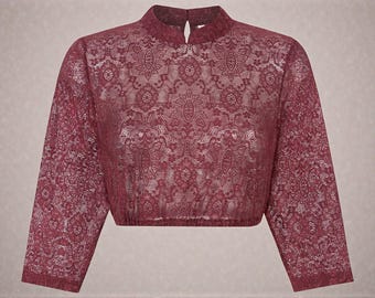 High-necked dirndl blouse in burgundy with lace – elegant traditional blouse with 3/4 sleeves, Oktoberfest blouse, Bavarian Austrian dirndl blouse