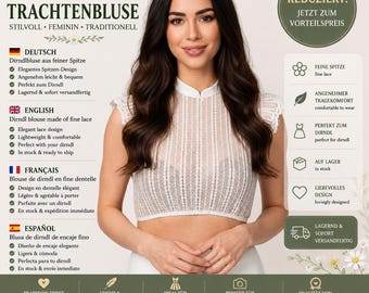May include: A white lace blouse with a high collar and short sleeves, featuring vertical striped patterns. The image includes text such as Trachtenhans, Trachtenbluse, Stilvoll, Feminin, Traditionell, Reduziert, Jetzt zum Vorteilspreis, and various icons.