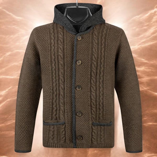 Dark brown cardigan – hooded traditional jacket with cable knit pattern, detachable loden hood & horn buttons. Knitted vest by Trachtenhans.