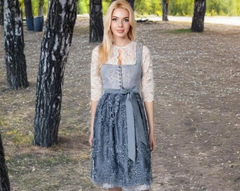 Dirndl Kira sky blue skirt length 70 cm – Elegant midi dirndl with paisley pattern, dirndl dress with Munich cut & lace apron,
