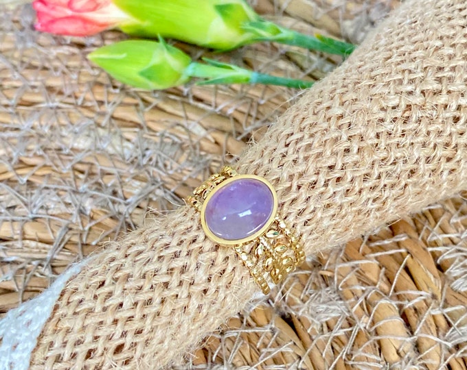 Featured listing image: IRIS ring golden laurel leaves and cabochon in pastel purple fine stone