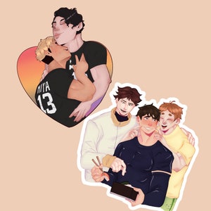 May include: Four illustrated characters, three men and one woman, in a group hug. The woman is wearing a black jersey with the number 13 and the word "MIYA" on it. The man in the center is wearing a white shirt and a black jacket. The man on the right is wearing a yellow shirt. The man on the left is wearing a blue shirt. The characters are all smiling.