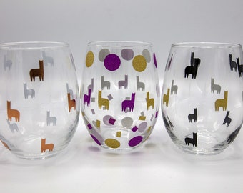 Llama Themed Stemless Wine Glasses