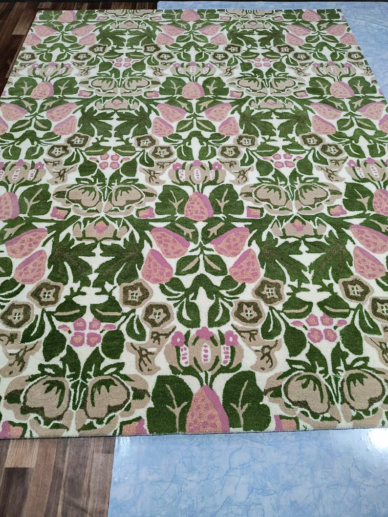 Pink Flowr Rug Pattern Hand Tufted Rug, Cottage Core Floral Area Rug, Pink Green Garden Carpet ...