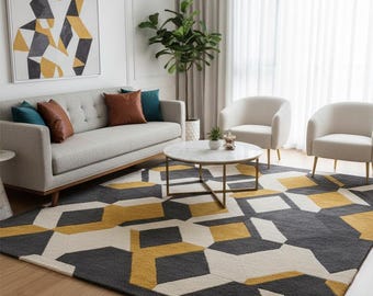 Hand-Tufted Wool Area Rug: Mustard Yellow Geometric Carpet