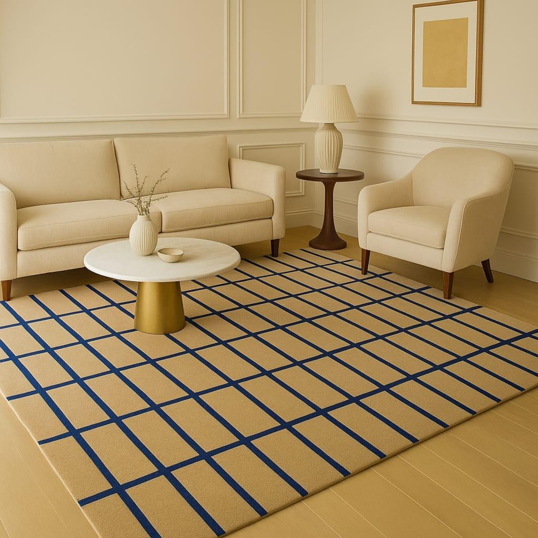 Hand-tufted Wool Grid Rug: Modern Blue & Beige Carpet - Etsy