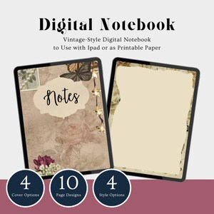 Peut inclure: Un carnet numérique au design vintage. La couverture présente un papillon, des fleurs et une guirlande de lumières. Le carnet comprend 10 designs de pages, 4 options de couverture et 4 options de style. Le texte "Notes" est affiché sur la couverture.