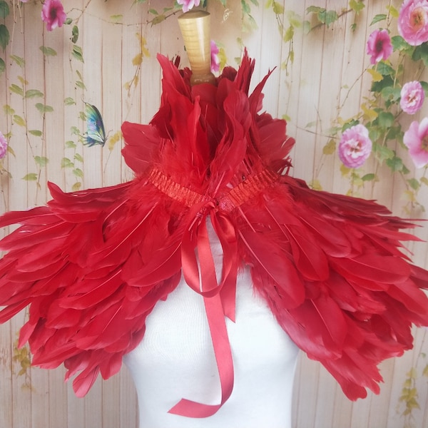 Deluxe Red Feather Collar or Cape, Fantasy Feather Collar for Events, Costume, Carnival Cosplay