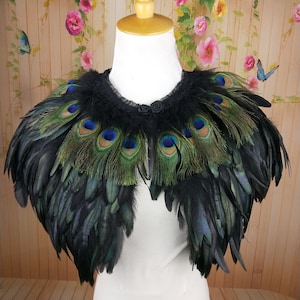 Deluxe Black&peacock eyes Feather Collar or Cape, Fantasy Feather Collar for Events, Costume, Carnival Cosplay