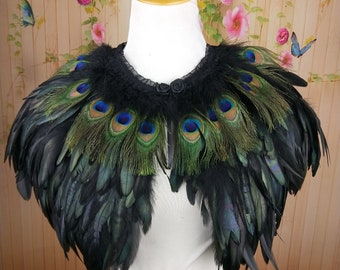 Deluxe Black&pfau augen Federhalsband oder Cape, Fantasy FederHalsband für Events, Kostüm, Karneval Cosplay