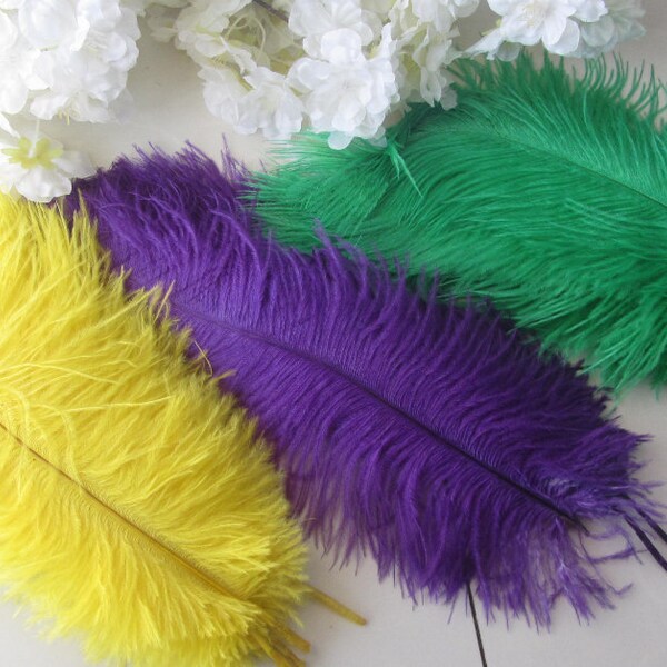 Mardi Gras 34 yellow 33 green 33 purple Ostrich Feathers for millinery hat handmade art,Wedding centerpieces decorations