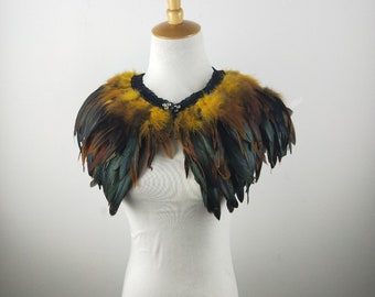 Col ou cape de plumes jaunes et noires de luxe, col plume fantaisie pour événements, costume, cosplay de carnaval