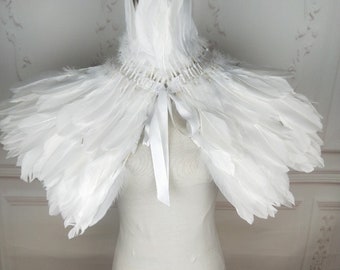 Collier ou cape de plumes blanches de luxe, collier de plumes fantaisie pour événements, costumes, cosplay de carnaval
