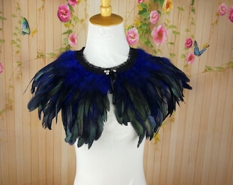 Deluxe Royal blue&black Feather Collar or Cape, Fantasy Feather Collar for Events, Costume, Carnival Cosplay
