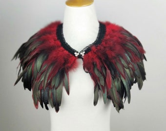 Deluxe Black&red Feather Collar or Cape, Fantasy Feather Collar for Events, Costume, Carnival Cosplay