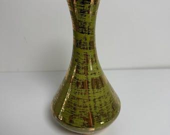 Stangl Pottery Bud Vase Vintage 8.5" Green 22kt Gold Hand Painted MCM Decor