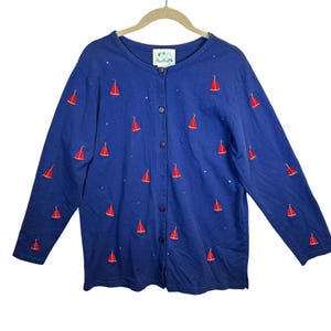 Quacker Factory Blue Cotton Cardigan Large Embroidered Sailboats Rhinestones