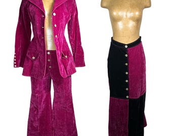 Vintage 70s Fuchsia Velvet 3 Piece Set Blazer Flare Pants Bell Skirt Pink Black