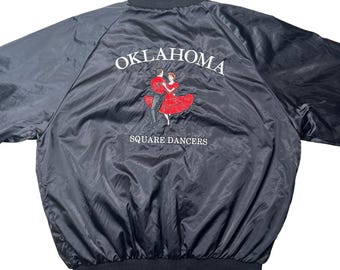 Vintage Oklahoma Square Dancers Satin Bomber Jacket Black Western 80s 90s Retro