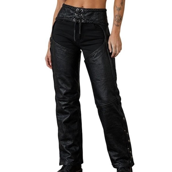 Pantalones de cuero negro para motociclista Hot Leathers con detalle trenzado para mujer, talla 3XS (pequeña)