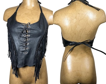 Vintage Black Leather Fringe Lace Up Halter Crop Top Biker Western Motorcycle 90