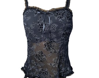 Arianne Black Floral Velvet Flock Mesh Cami Tank Top XL Ruffle Trim Goth 90s Y2K